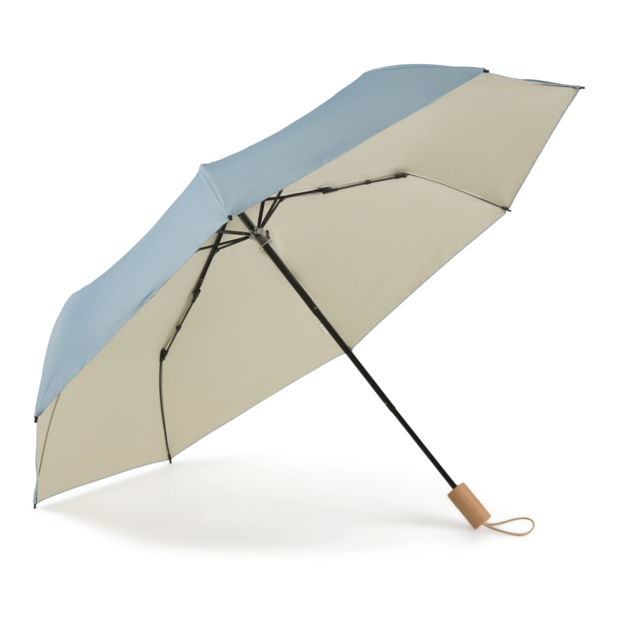 Sunbarry Cool Shader UV parasol in Sky & Sand – open, wooden handle, blue-cream two-tone