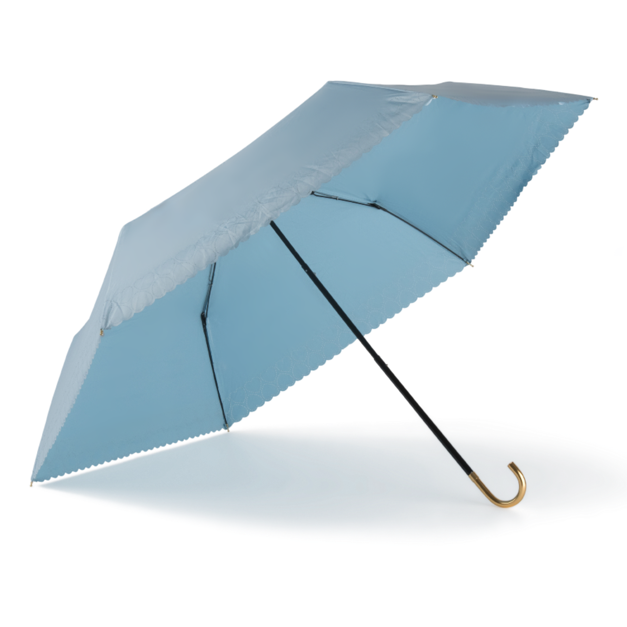 Sunbarry Romantic Breezer UV parasol in Sky Blue – open, gold handle, heart trim#Color_Sky Blue