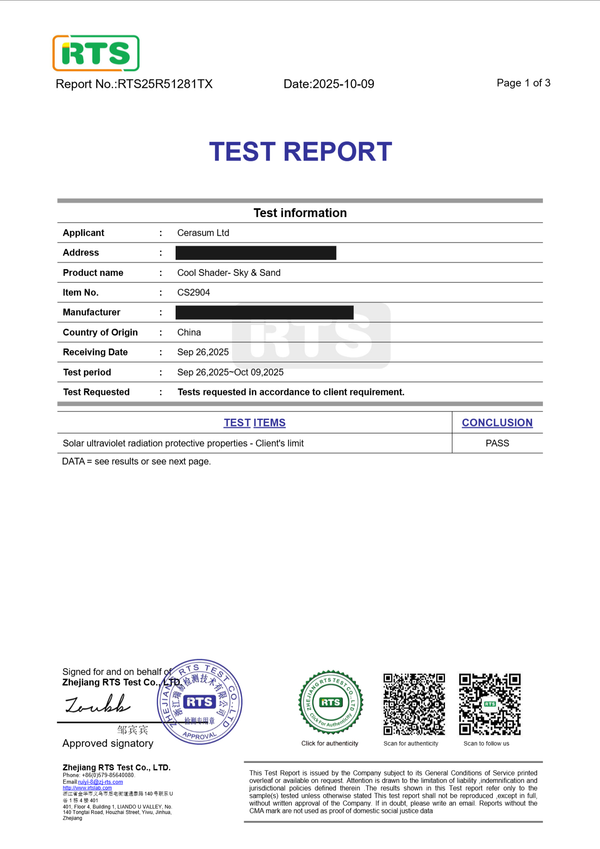 Prüfbericht RTS25R51281TX Seite 1: Test Report für Sunbarry UV-Schirm Cool Shader, Lieferantendaten geschwärzt