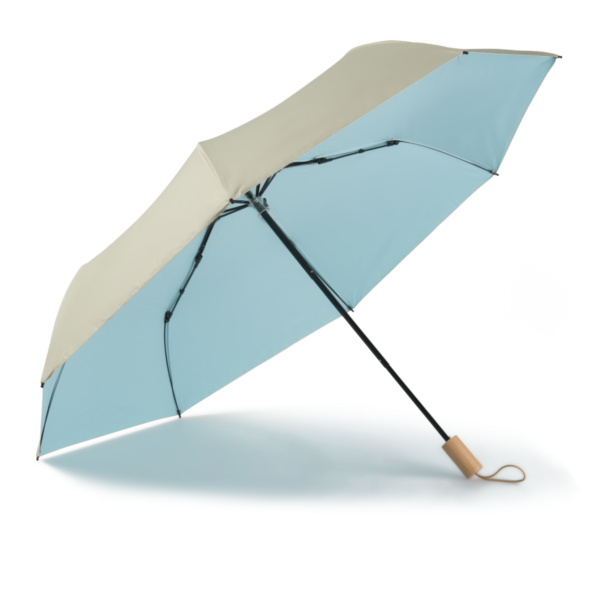 Sunbarry Cool Shader UV parasol in Butter Sky – open, wooden handle, butter-and-sky two-tone