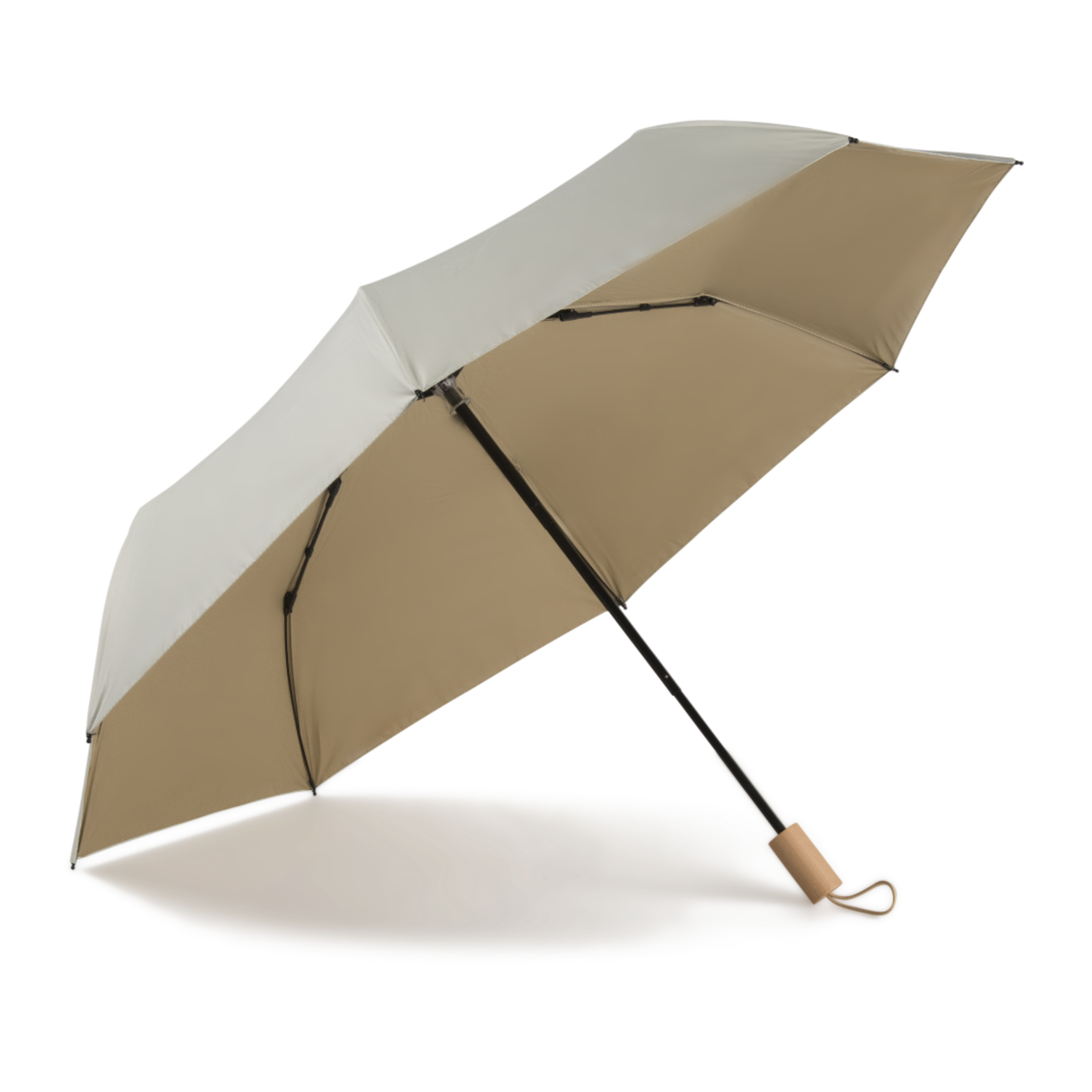 Sunbarry Cool Shader UV parasol in Desert Taupe – open, wooden handle, taupe-cream two-tone